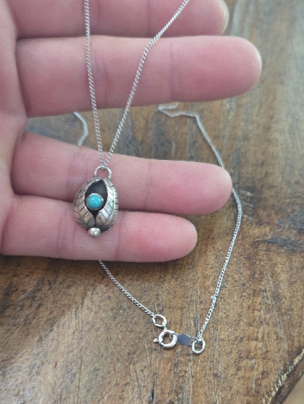 Sterling Silver Leaf Pendant Necklace with Turquoise Stone - Picture 2 of 2